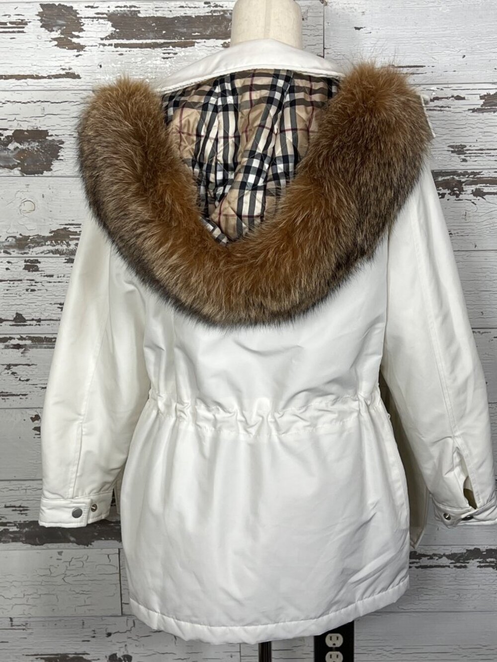 VINTAGE BURBERRY Zip Front Coat Removable Fox Fur Trimmed Hood White Sz L EUC